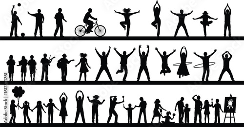 Group of people and children in silhouette performing activities, dancing, playing, jumping, yoga poses, family fun, fitness illustration design