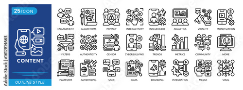 content icon set collection in outline style. an icon pack contain engagement, algorithms, privacy, influencers, analytics, virality, monetization, filters, authenticity, censorship