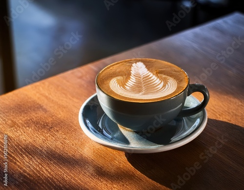 Wallpaper Mural Latte Art Coffee in Cozy Cafe with Sunlight on Wooden Table in a Warm Atmosphere Torontodigital.ca