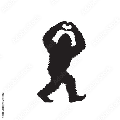 Black silhouette illustration of a Bigfoot making a heart shape with its hands Sasquatch Yeti