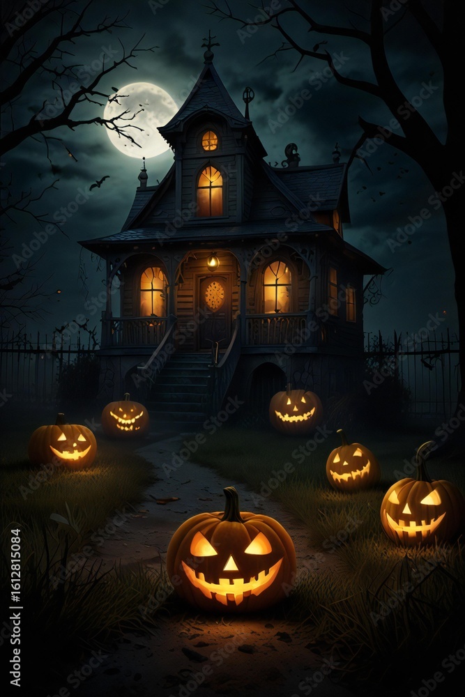 Fototapeta premium Spooky haunted house with jack o lanterns on halloween night