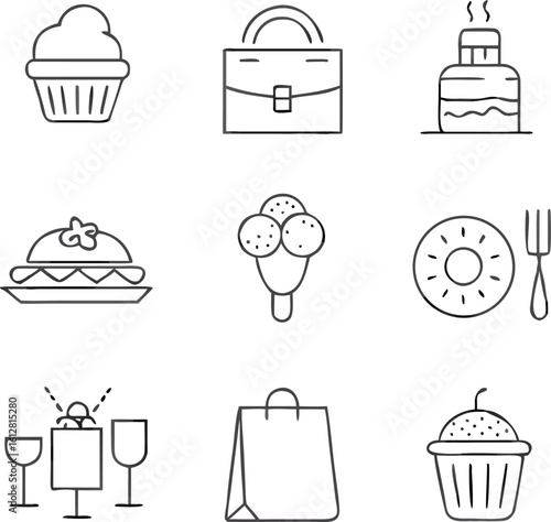 Kitchen illustration with wedding cake icon vector set for food and restaurant design