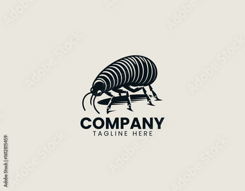 Stylized black silhouette of an isopod with segmented body and multiple legs. Entomology illustration concept
