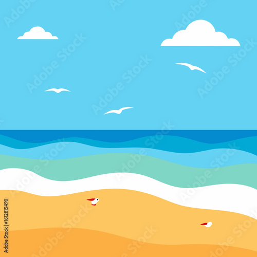 Stylized beach scene with seagulls and ocean waves