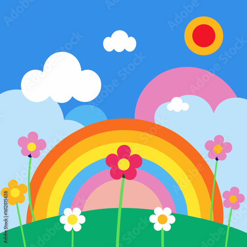 Bright and cheerful cartoon rainbow landscape with flowers and sun