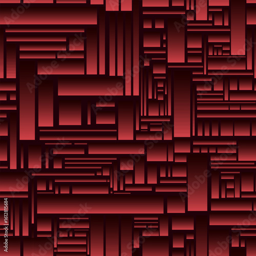 Seamless volumetric geometric pattern in red and black tones. Vector illustration with the image of rectangles of different sizes, tightly located to each other and hanging in space