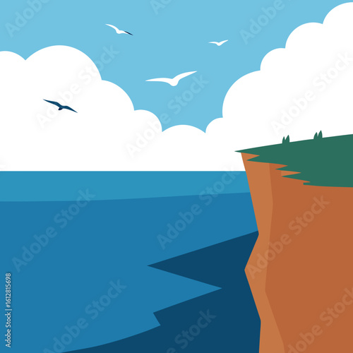 Coastal cliff overlooking the ocean with seagulls flying