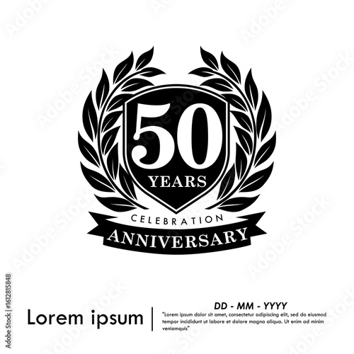 50th years anniversary celebration emblem. congratulations anniversary black logo isolated with laurel wreath and ribbon and frame. vector illustration template design for web banner