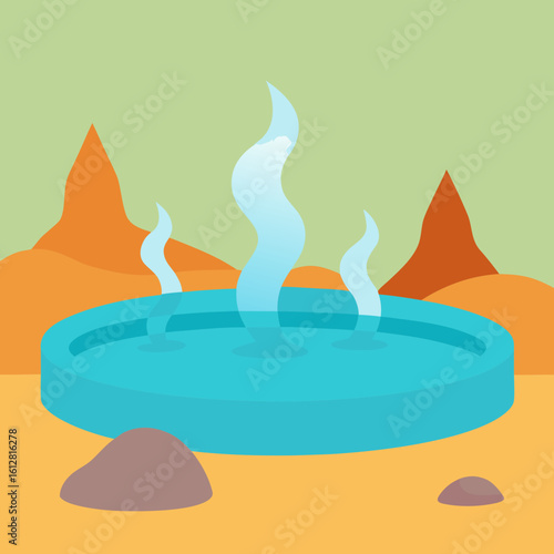 Steaming hot spring in a desert landscape