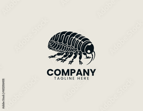 Stylized black silhouette of an isopod with segmented body and multiple legs. Entomology illustration concept