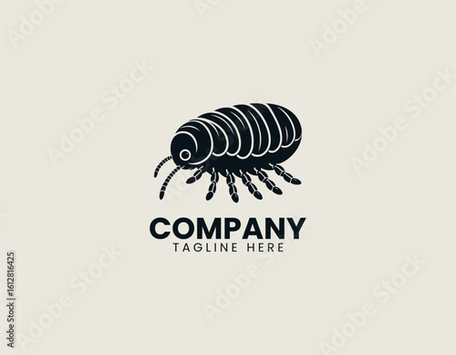 Stylized black silhouette of an isopod with segmented body and multiple legs. Entomology illustration concept