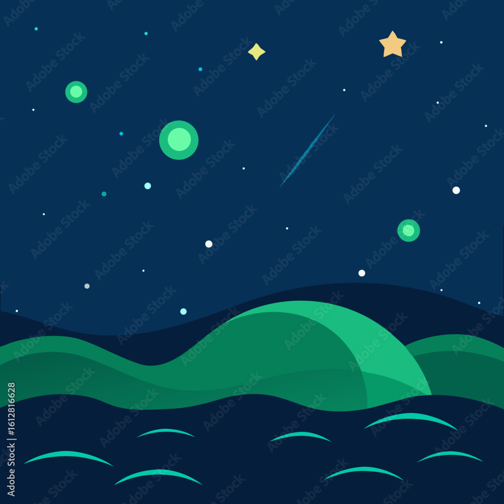 Fototapeta premium Stylized night landscape with stars and planets