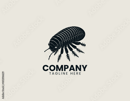 Stylized black silhouette of an isopod with segmented body and multiple legs. Entomology illustration concept