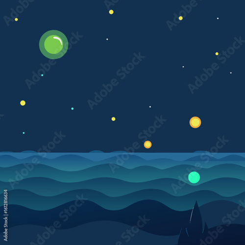 Stylized night sky with ocean and celestial bodies