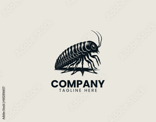 Stylized black silhouette of an isopod with segmented body and multiple legs. Entomology illustration concept