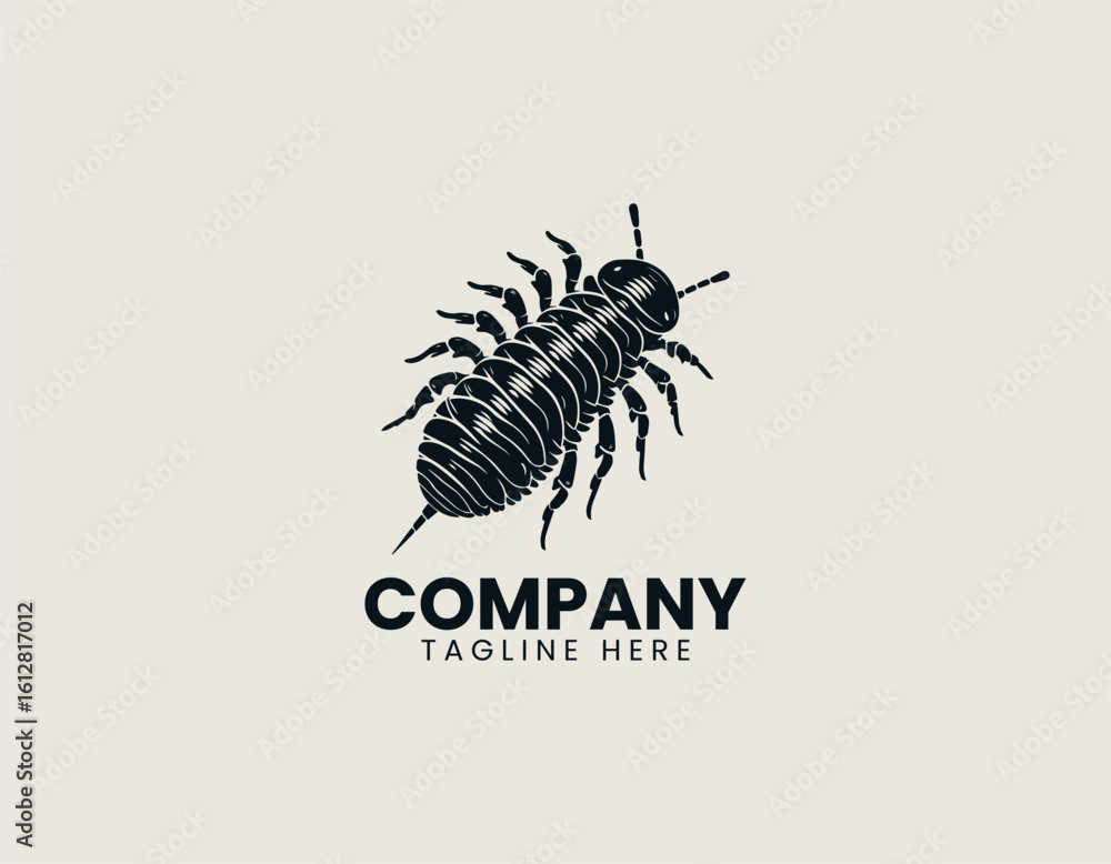 Stylized black silhouette of an isopod with segmented body and multiple legs. Entomology illustration concept Stylized black silhouette of an isopod with segmented body and multiple legs. Entomology illustration concept