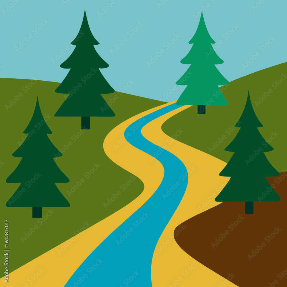 Obraz premium Stylized landscape with winding river and evergreen trees