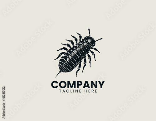 Stylized black silhouette of an isopod with segmented body and multiple legs. Entomology illustration concept
