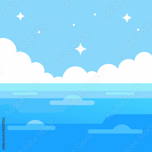 Stylized blue ocean and sky with clouds and stars