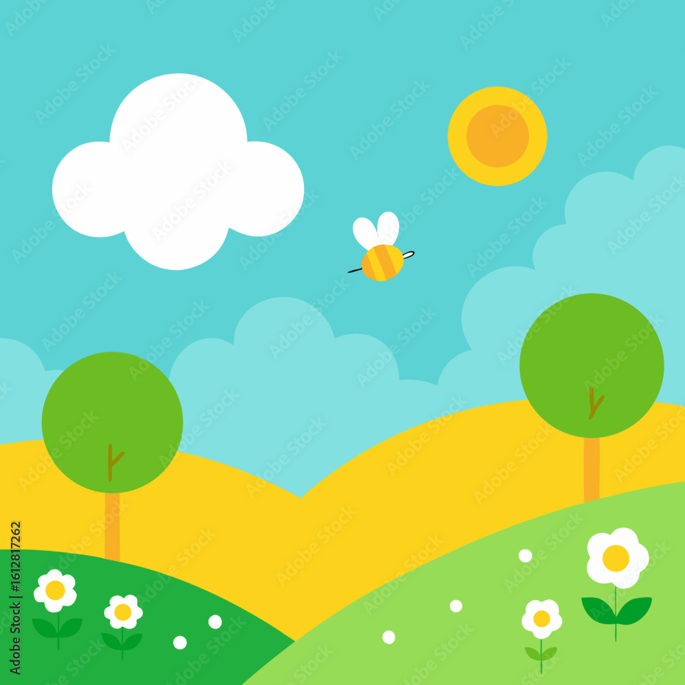 Cute cartoon bee flying in a sunny meadow with flowers and trees Cute cartoon bee flying in a sunny meadow with flowers and trees