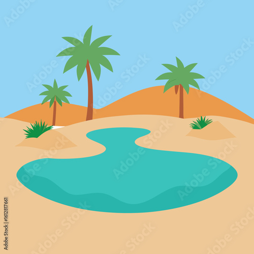 Desert oasis with palm trees and turquoise water