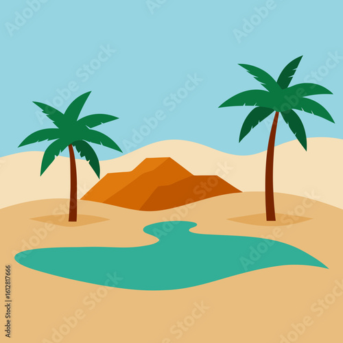 Desert oasis with palm trees and sand dunes