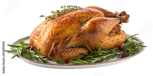 Glistening golden roasted turkey garnished with fresh rosemary and cranberries, perfect for holiday feasts