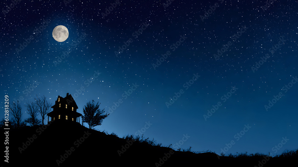 Fototapeta premium Mysterious Halloween scene with haunted house and moonlight.