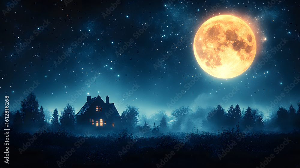 Fototapeta premium Mysterious Halloween scene with haunted house and moonlight.