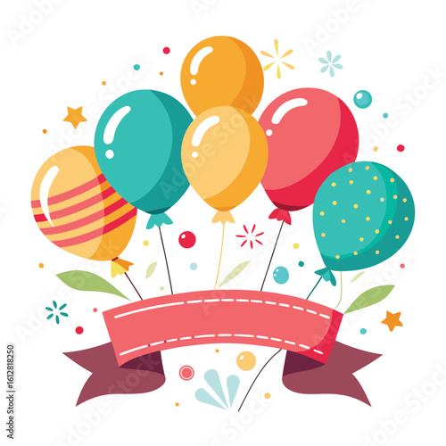 Celebration banner with gold confetti and balloons 