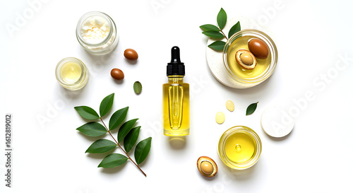 Argan oil products with leaves and seeds argan seeds