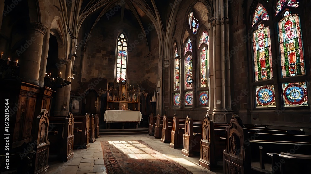 Fototapeta premium Gothic European church-turned-home interior, dramatic and artistic