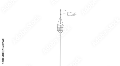Ship mast with crow’s nest and flag in minimalist line drawing