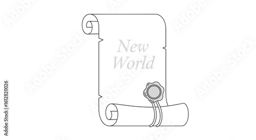 Vertical scroll with "New World" text and seal in line art style