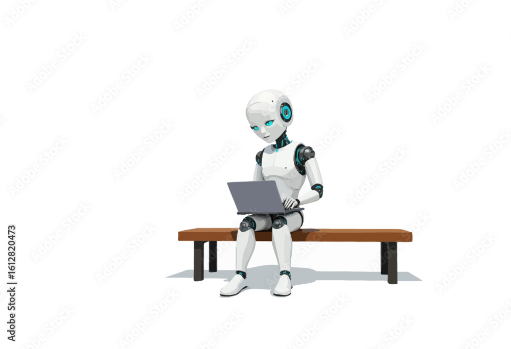 Fototapeta premium Robot sitting on bench and using laptop with a focused expression 