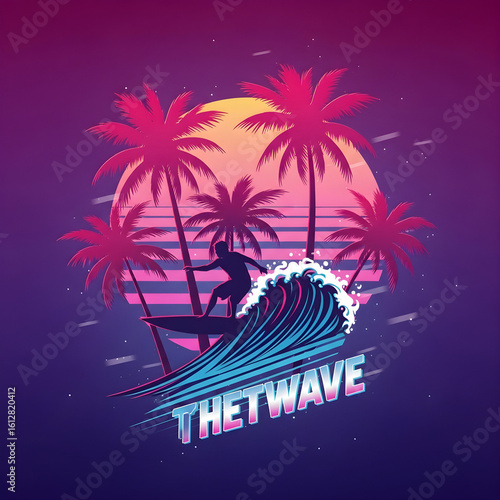 A retro-futuristic illustration of a surfer riding a vibrant wave against a sunset backdrop with silhouetted palm trees.