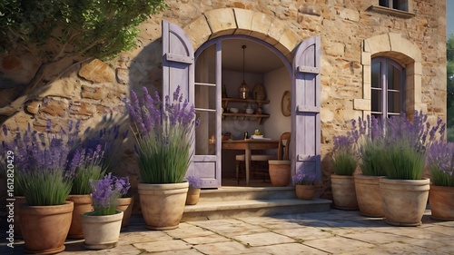Fototapeta Naklejka Na Ścianę i Meble -  French countryside terrace, lavender pots, rustic charm, 3D architecture rendering