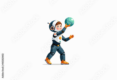 Cheerful boy in astronaut suit playing with a green ball  
