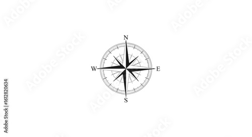 Black and white compass rose illustration on white background