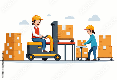 Two workers using forklift and cart to move boxes in warehouse  