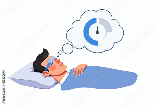 Man sleeping peacefully with eye mask and dreaming of clock icon  