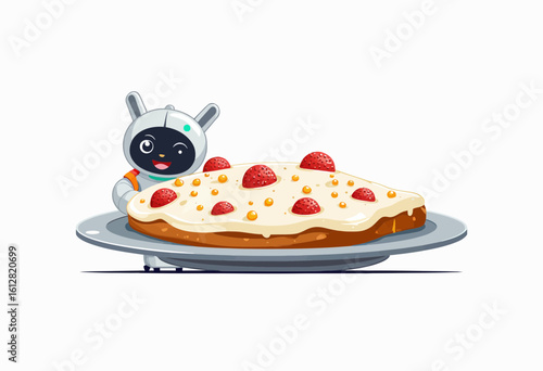 Cute robot character presenting a dessert with strawberries on plate  