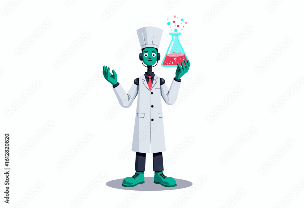 Cartoon scientist holding flask and smiling in laboratory setting Cartoon scientist holding flask and smiling in laboratory setting