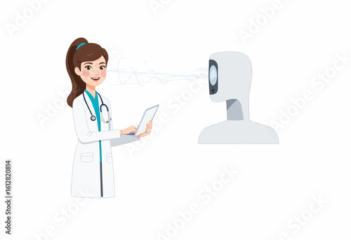Young woman doctor using tablet while communicating with robot  