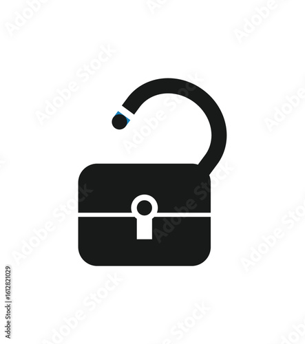 Simple black and white graphic of an unlocked padlock, symbolizing freedom and access.