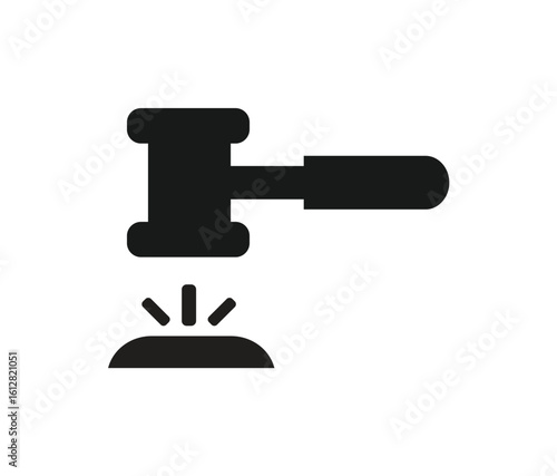 A black silhouette of a gavel striking a small wooden block.