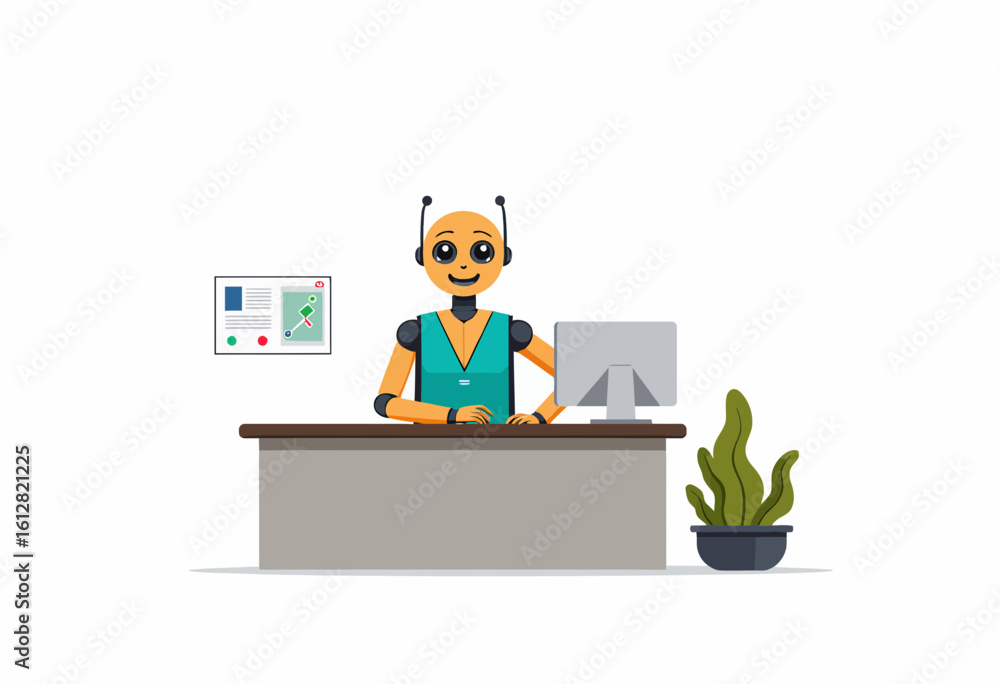 Friendly robot working at a desk with computer and plant Friendly robot working at a desk with computer and plant