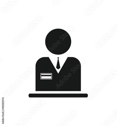 Simple black and white icon of a person behind a desk, representing office work.