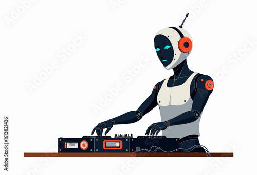 Robot DJ mixing music on digital turntables with headphones  