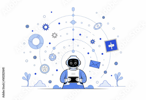Cartoon robot holding a device with technology icons and symbols  
